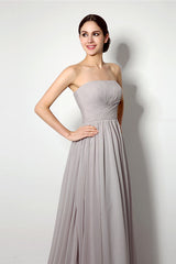 Prom Outfit, Strapless A Line Chiffon Long Silver Bridesmaid Dresses