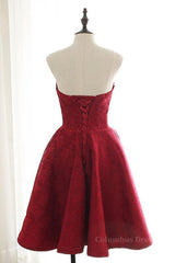 Wedding Color, Strapless Backless Burgundy Lace Short Prom Dress, Short Burgundy Lace Homecoming Dress