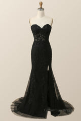 Evening Dress Shop, Strapless Black Lace Mermaid Long Prom Dress