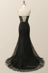 Evening Dress Ideas, Strapless Black Lace Mermaid Long Prom Dress