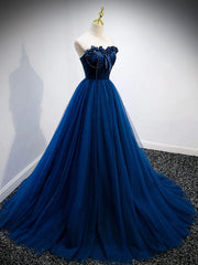 Slip Dress Outfit, Strapless Blue Velvet Long Prom Dresses, Blue Velvet Long Formal Graduation Dresses