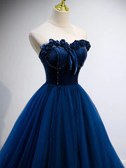 Girlie Dress, Strapless Blue Velvet Long Prom Dresses, Blue Velvet Long Formal Graduation Dresses