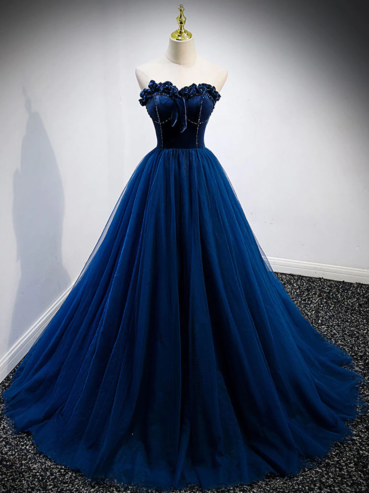 Long Sleeve Prom Dress, Strapless Blue Velvet Long Prom Dresses, Blue Velvet Long Formal Graduation Dresses