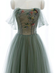 Winter Formal Dress, Strapless Green Tulle Floral Long Prom Dresses, Green Tulle Floral Formal Evening Dresses