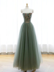 Wedding Theme, Strapless Green Tulle Floral Long Prom Dresses, Green Tulle Floral Formal Evening Dresses