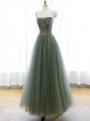 Wedding Flower, Strapless Green Tulle Floral Long Prom Dresses, Green Tulle Floral Formal Evening Dresses
