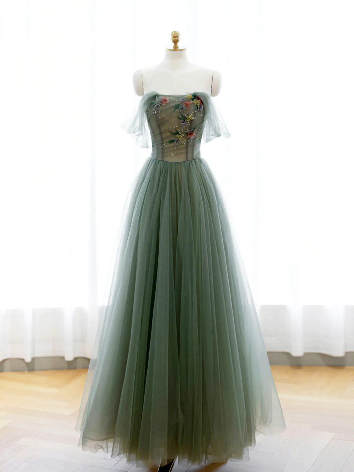 Wedding Color, Strapless Green Tulle Floral Long Prom Dresses, Green Tulle Floral Formal Evening Dresses
