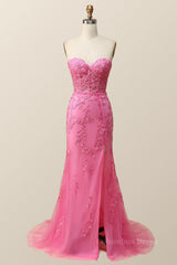 Evening Dress Simple, Strapless Hot Pink Lace Mermaid Long Prom Dress