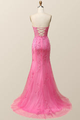 Evening Dresses Princess, Strapless Hot Pink Lace Mermaid Long Prom Dress