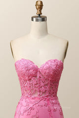 Evening Dresses Classy, Strapless Hot Pink Lace Mermaid Long Prom Dress