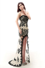 Evening Dress Mermaid, Strapless Lace Appliqued Chiffon Asymmetrical Prom Dresses