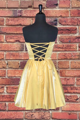 Prom Dresses Ball Gown, Strapless Lace-Up Yellow Satin Homecoming Dress,Short Cocktail Dresses