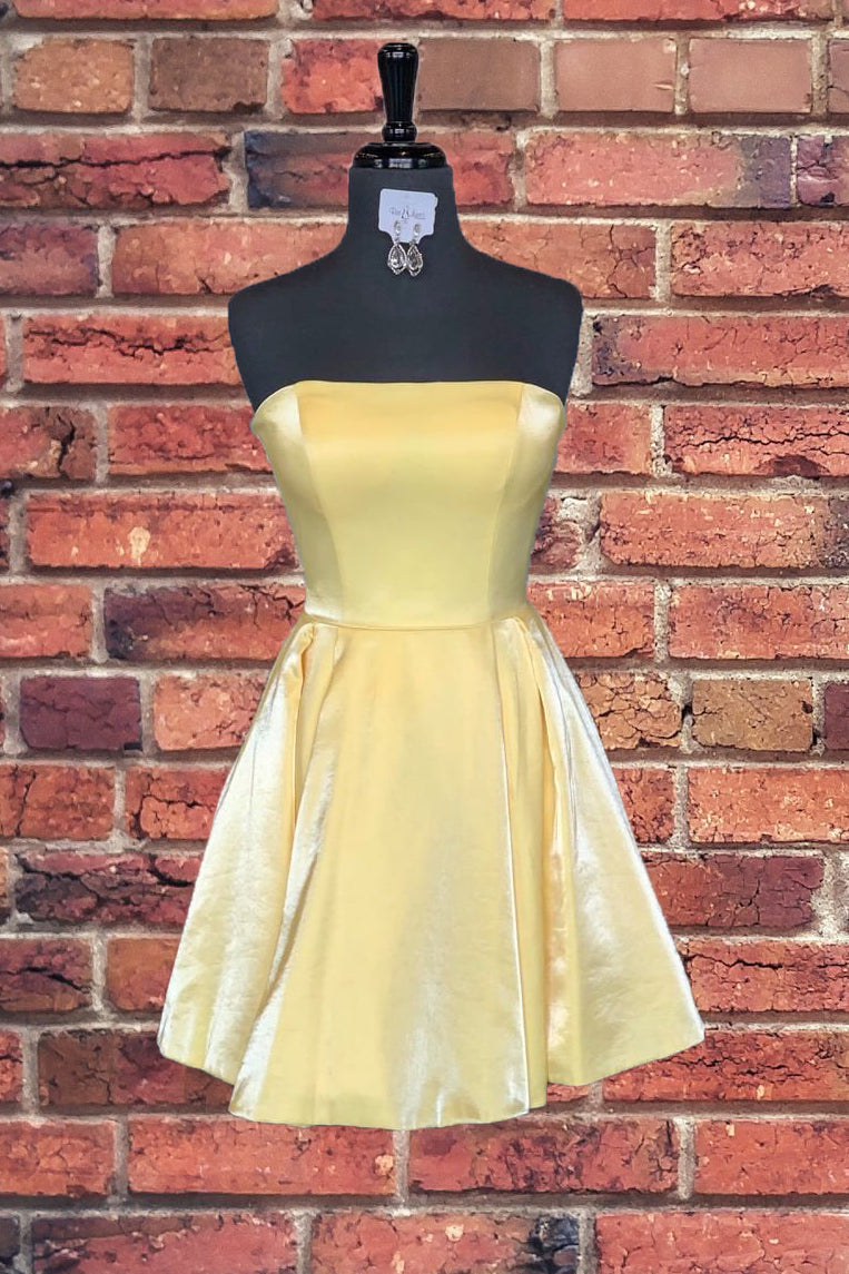 Prom Dress Long, Strapless Lace-Up Yellow Satin Homecoming Dress,Short Cocktail Dresses