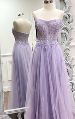 Bridesmaids Dresses Winter Wedding, Strapless Lavender A-line Long Formal Dress Trendy Prom Dresses