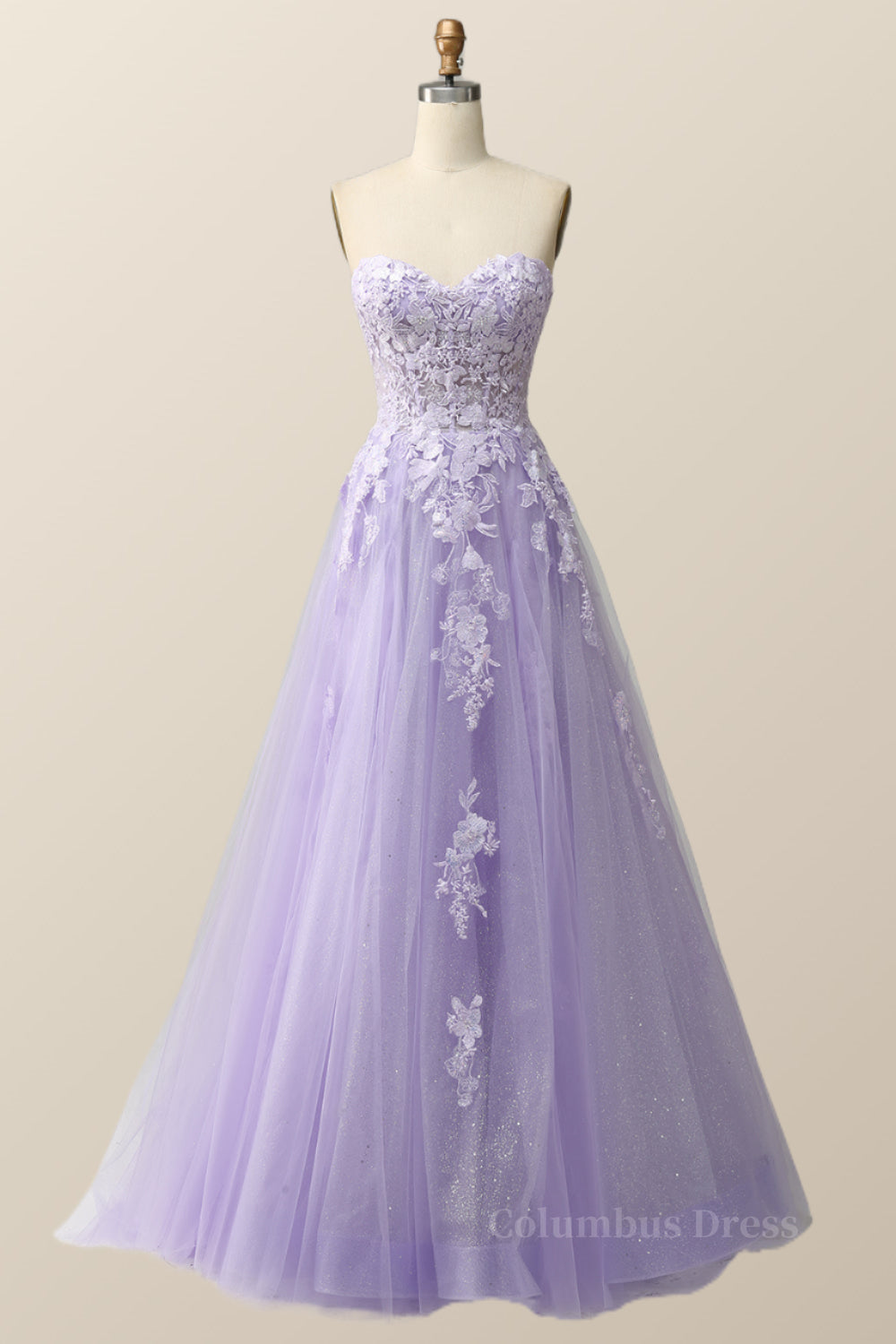 Homecoming Dress Pretty, Strapless Lavender and White Floral Embroidered Formal Dress