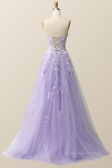 Homecoming Dresses Unique, Strapless Lavender and White Floral Embroidered Formal Dress
