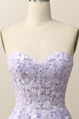 Homecoming Dress 2025, Strapless Lavender and White Floral Embroidered Formal Dress