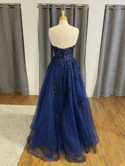 Prom Dress Long, Strapless Navy Blue Beaded Lace Prom Dresses, Navy Blue Lace Formal Evening Dresses