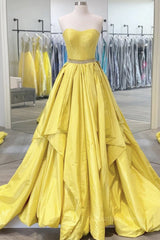 Evening Dress For Weddings, Strapless Open Back Fluffy Yellow Satin Long Prom Dress, Layered Yellow Formal Evening Dress