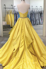Evening Dress For Wedding, Strapless Open Back Fluffy Yellow Satin Long Prom Dress, Layered Yellow Formal Evening Dress