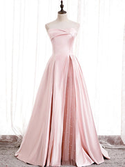 Formal Dresses Websites, Strapless Pink Satin Prom Dresses, Pink Satin Long Formal Evening Dresses