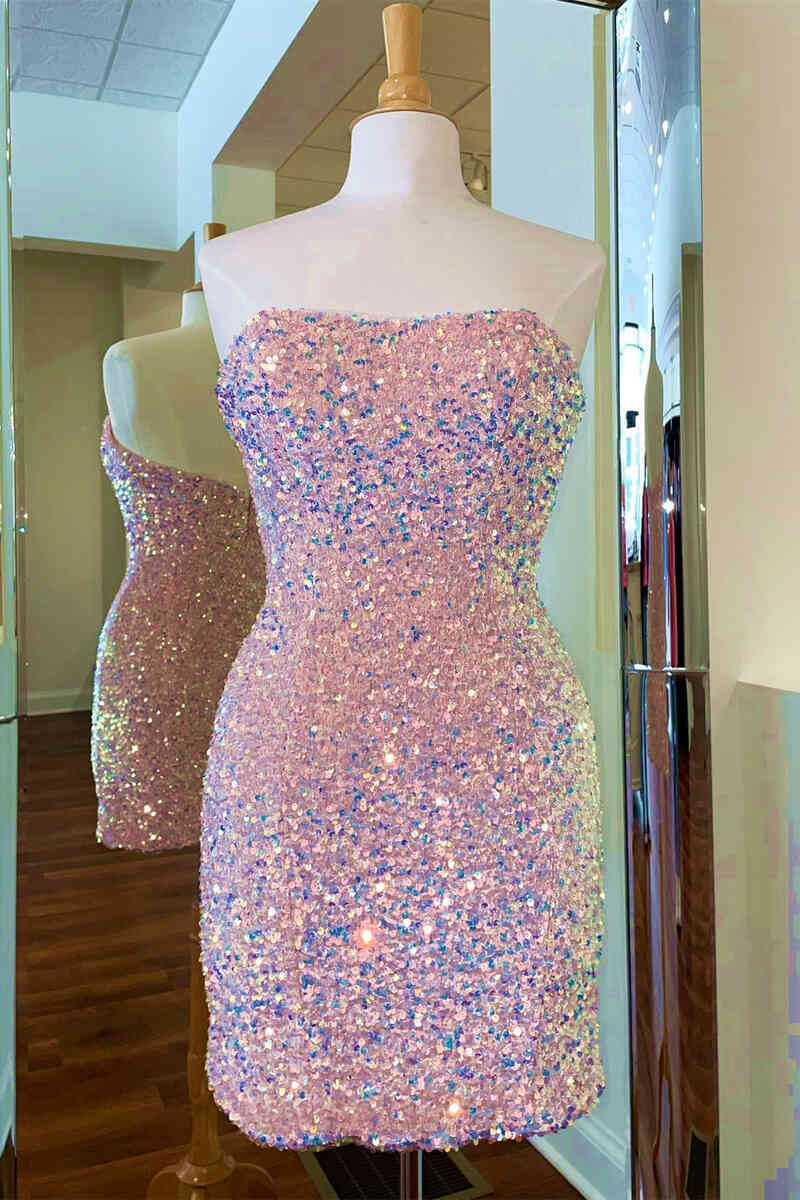 Prom Dresses Casual, Strapless Pink Sequined Bodycon Homecoming Dress