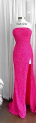 Bridesmaids Dress Peach, Strapless Pink Sequins Prom Dress with Slit,Sparkly White Night Dresses Party Event