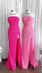 Mother Of The Bride Dress, Strapless Pink Sequins Prom Dress with Slit,Sparkly White Night Dresses Party Event