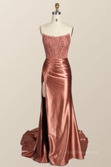 Evening Dress Mermaid, Strapless Rose Gold Satin and Lace Trumpet Formal Gown