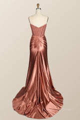 Evening Dress Vintage, Strapless Rose Gold Satin and Lace Trumpet Formal Gown