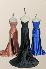 Evening Dress Red, Strapless Rose Gold Satin and Lace Trumpet Formal Gown