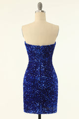 Party Dress Night, Strapless Royal Blue Sequin Bodycon Mini Dress