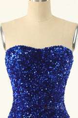 Party Dress Design, Strapless Royal Blue Sequin Bodycon Mini Dress