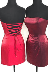 Prom Dresses Unique, Strapless Sheath Lace-Up Burgundy Homecoming Dress