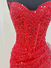 Bridesmaid Dress Sleeveless, Strapless Short Red Prom Dresses, Shiny Short Red Formal Homecoming Dresses