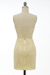 Strapless Short Yellow Lace Prom Dresses, Short Yellow Lace Formal Graduation Dresses