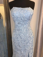 Prom Dress Red, Strapless Sky Blue Lace Mermaid Long Prom Dresses, Blue Lace Mermaid Formal Graduation Dresses