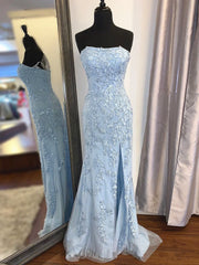Party Dresses With Boots, Strapless Sky Blue Lace Mermaid Long Prom Dresses, Blue Lace Mermaid Formal Graduation Dresses
