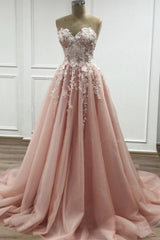 Prom Dresses Around Me, Strapless Sweetheart Neck Pink Lace Appliques Long Prom Dress,Floral Formal Dress,Fashion Evening Dresses