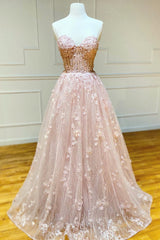 Evening Dress Sale, Strapless Sweetheart Neck Pink Lace Long Prom Dress, Pink Lace Formal Graduation Evening Dress