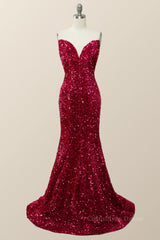 Formal Dress Boutiques Near Me, Strapless V Neck Fuchsia Sequin Mermaid Party Dress
