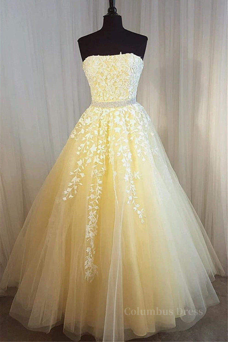 Chiffon Dress, Strapless Yellow Lace Long Prom Dress, Yellow Lace Formal Graduation Evening Dress, Yellow Ball Gown