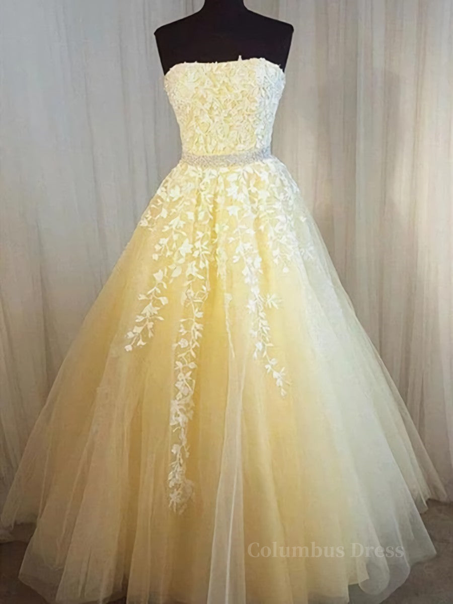 Boho Wedding, Strapless Yellow Lace Long Prom Dresses, Yellow Lace Formal Evening Dresses
