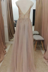 Prom Dress Inspo, Straps A-Line Beading Rose Wood Prom Dress with Crystal