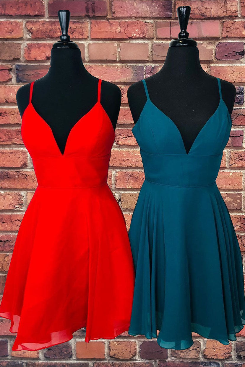 Prom Dress Cheap, Straps A-Line Chiffon Red Pretty Homecoming Dresses