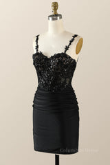 Prom Dresses 2026 Cheap, Straps Black Appliques Bodycon Mini Dress