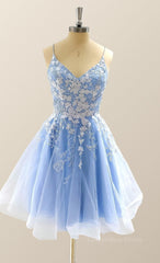 Prom Dresses Tight, Straps Blue and White Floral Short Dress