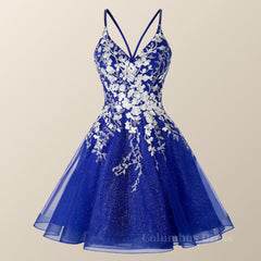 Prom Dress Gown, Straps Blue and White Floral Short Dress