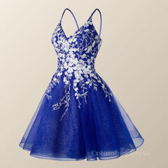 Prom Dresses Gown, Straps Blue and White Floral Short Dress