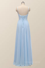 Senior Prom Dress, Straps Blue Empire Chiffon Long Bridesmaid Dress